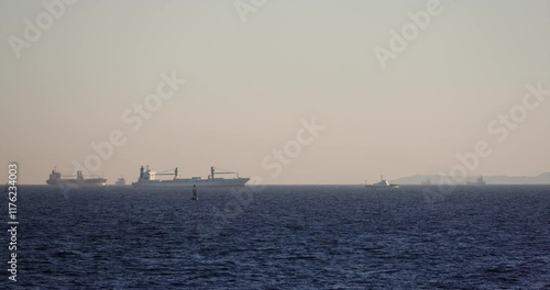 貨物船が航行する海の風景。