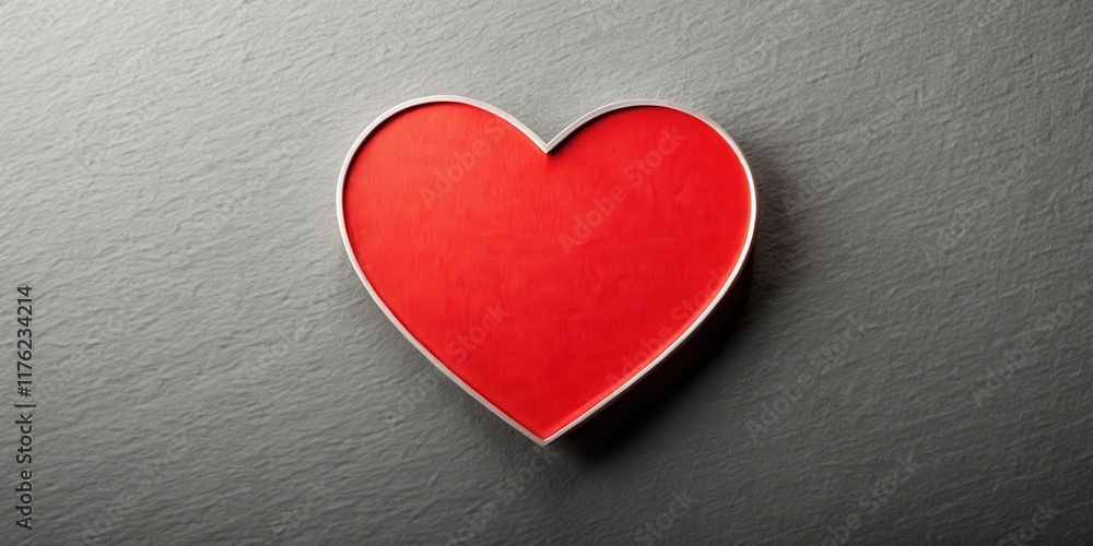 Obraz premium A bold and bright red heart-shaped sticker on a plain gray surface, with a slight texture effect to give it a more realistic look , heart shape, love symbol