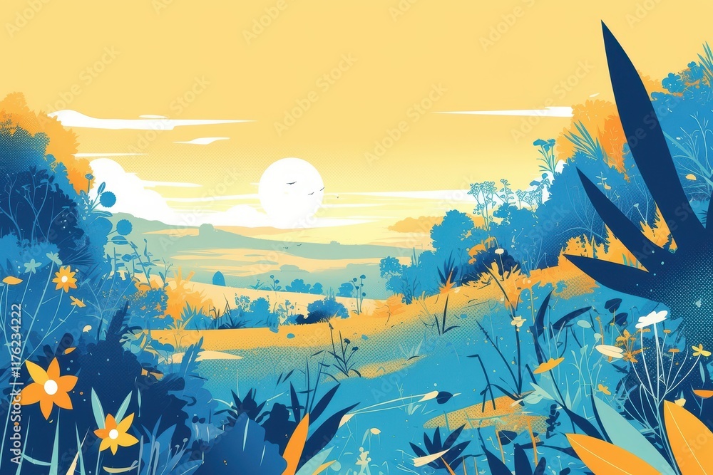 Abstract Landscape with Yellow Flowers and a Blue Sky Abstract Landscape with Yellow Flowers and a Blue Sky