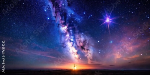 A lone star shines brightly against a vast expanse of deep blues and purples in the night sky, with a few wispy clouds scattered across the horizon , darkness, galaxy