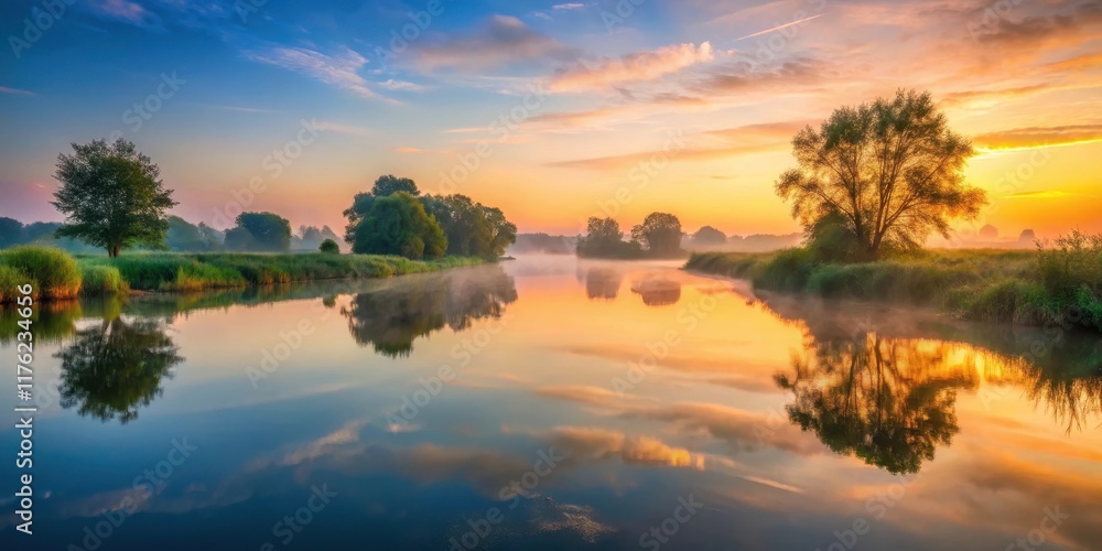 Fototapeta premium Serene river landscape at dawn, landscape, reflection, landscape, reflection, dawn