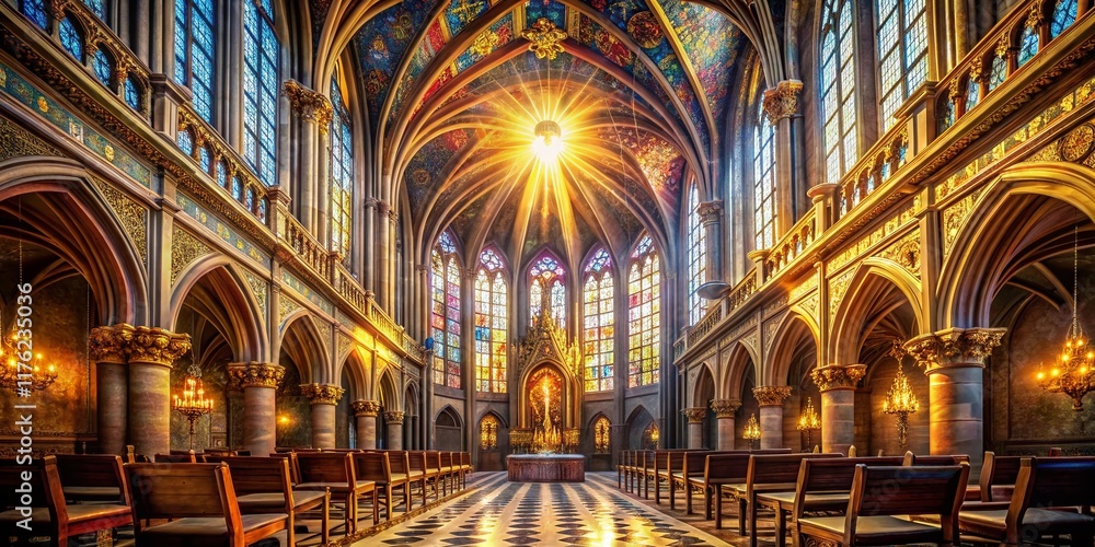 God Rays Streaming Through Cathedral Architecture, Dramatic Light Beams God Rays Streaming Through Cathedral Architecture, Dramatic Light Beams
