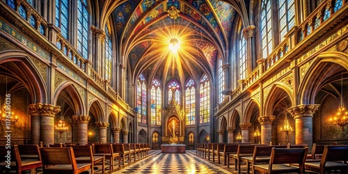 God Rays Streaming Through Cathedral Architecture, Dramatic Light Beams photo