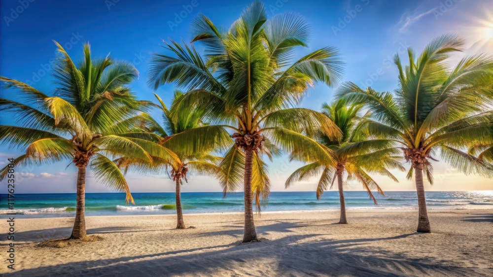 Palm trees swaying gently in the warm breeze on a sunny Mexican beach at summer , palm grove Palm trees swaying gently in the warm breeze on a sunny Mexican beach at summer , palm grove
