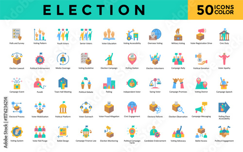 Election icons set with polls and survey, voting pattern, youth voters, senior voters, voter education, voting accessibility, overseas voting, military voting icon. Simple flat color vector 
