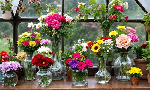 Wallpaper Mural Vintage Greenhouse Displaying Glass Vases and Colorful Flowers Serene Nature Setting Artistic Torontodigital.ca