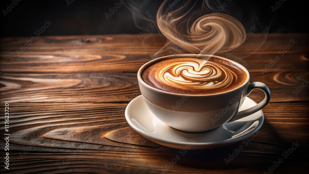 Steaming hot coffee beverage with a thick layer of creamy foam, swirling in a spiral motion atop a rich brown liquid on a dark wooden surface , hot coffee, beverage Steaming hot coffee beverage with a thick layer of creamy foam, swirling in a spiral motion atop a rich brown liquid on a dark wooden surface , hot coffee, beverage