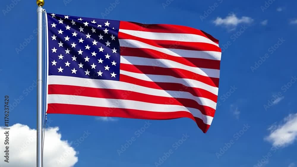 American Flag Waving Proudly: A vibrant American flag, with its iconic red, white, and blue stripes, proudly waves in the wind against a backdrop of a bright blue sky and fluffy white clouds. American Flag Waving Proudly: A vibrant American flag, with its iconic red, white, and blue stripes, proudly waves in the wind against a backdrop of a bright blue sky and fluffy white clouds.