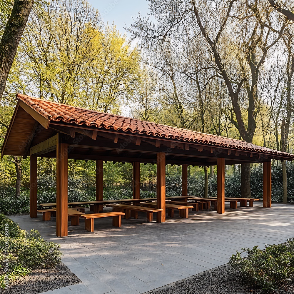 Tranquil Outdoor Pavilion with Wooden Benches and Tables nestled in a Lush Green Forest Setting. Tranquil Outdoor Pavilion with Wooden Benches and Tables nestled in a Lush Green Forest Setting.