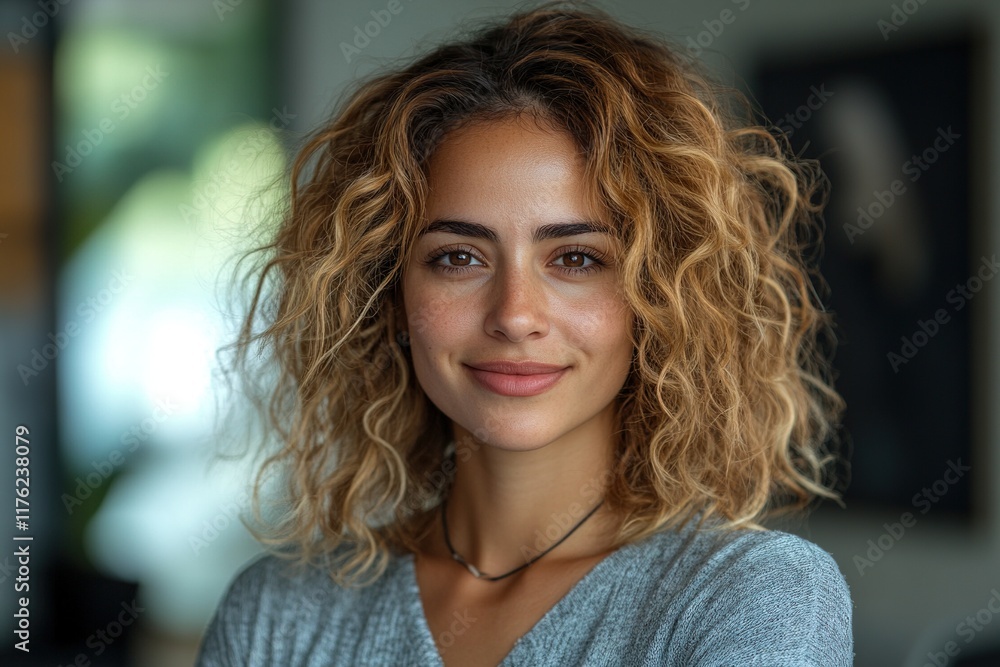 A smiling woman with curly hair in a casual setting, exuding confidence and warmth. A smiling woman with curly hair in a casual setting, exuding confidence and warmth.