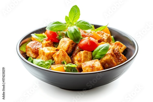 Delicious vegan meal featuring pan-fried tofu, cherry tomatoes, bell peppers, zucchini, basil, and a flavorful sauce, served in a stylish black bowl against a white background photo