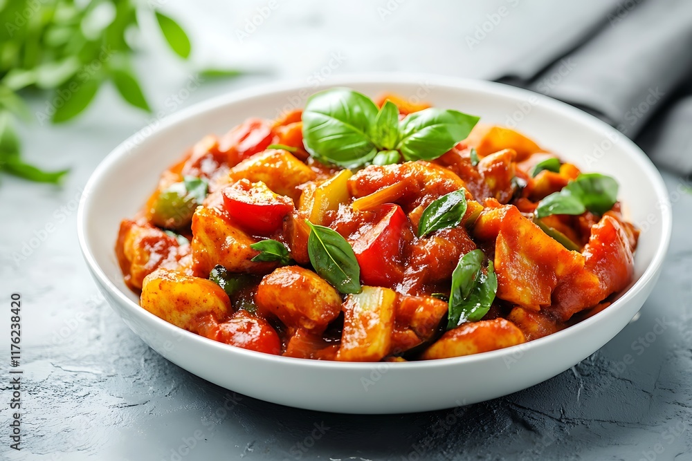 Delicious chicken tikka masala with aromatic spices and fresh herbs is served in a white bowl, creating a vibrant culinary scene Delicious chicken tikka masala with aromatic spices and fresh herbs is served in a white bowl, creating a vibrant culinary scene