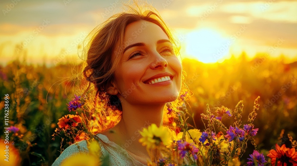 Naklejka premium Woman Smiling in a Flower Field During Sunset, Radiating Joy and Positivity Amidst Vibrant Blooms and Warm Golden Light in Nature's Beauty