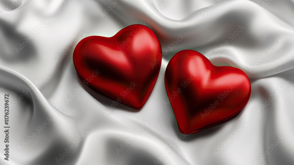3D illustration of two red hearts on a smooth white silk cloth against a sleek gray background, symbolizing love and romance. Perfect for Valentine's Day, weddings, and romantic-themed projects. 3D illustration of two red hearts on a smooth white silk cloth against a sleek gray background, symbolizing love and romance. Perfect for Valentine's Day, weddings, and romantic-themed projects.