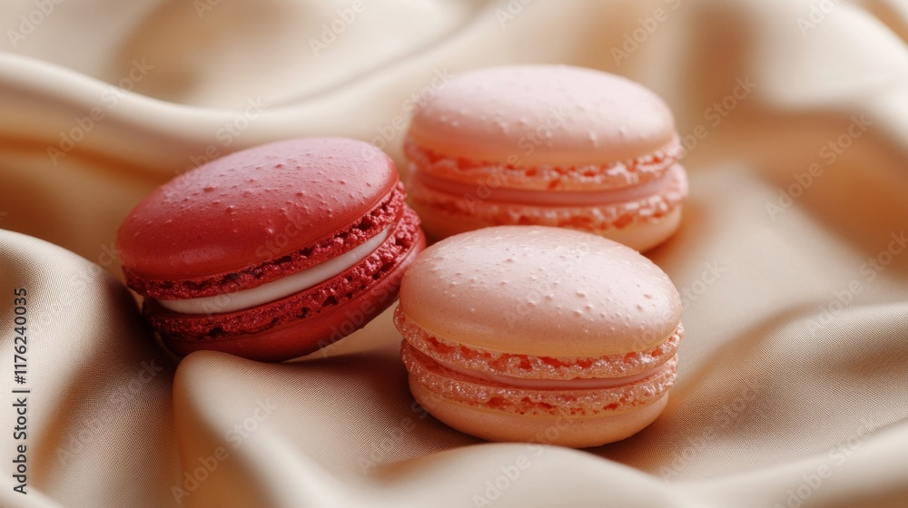 Three Delicious Macarons Resting On Soft Fabric Three Delicious Macarons Resting On Soft Fabric