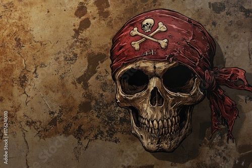 A Pirate Skull Wearing a Red Bandana photo