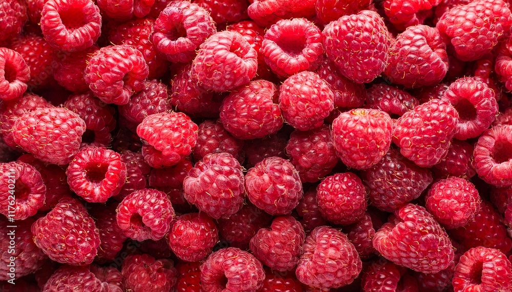 Flat Lay Top View of Bright Ripe Fragrant Red Raspberry Fruit as Background Flat Lay Top View of Bright Ripe Fragrant Red Raspberry Fruit as Background