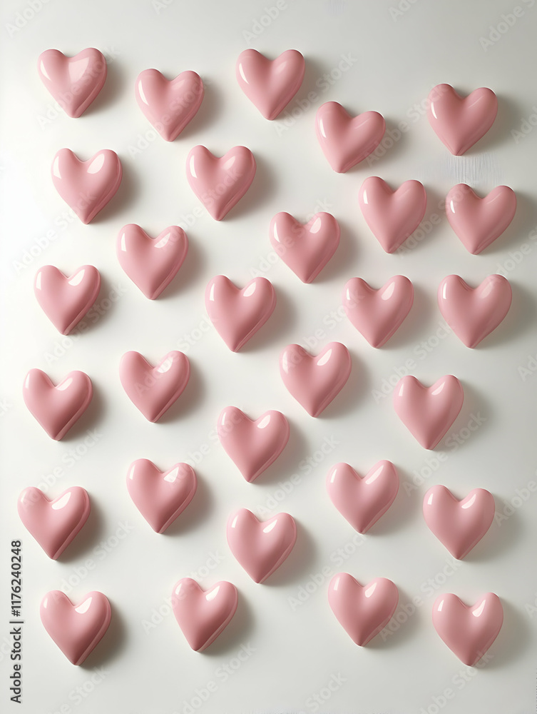 A grid of pink heart-shaped objects arranged on a white background. A grid of pink heart-shaped objects arranged on a white background.