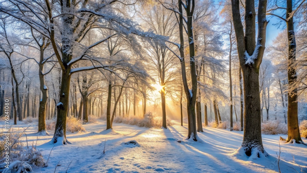 Snow-covered forest landscape with bare trees and frosty ground Snow-covered forest landscape with bare trees and frosty ground