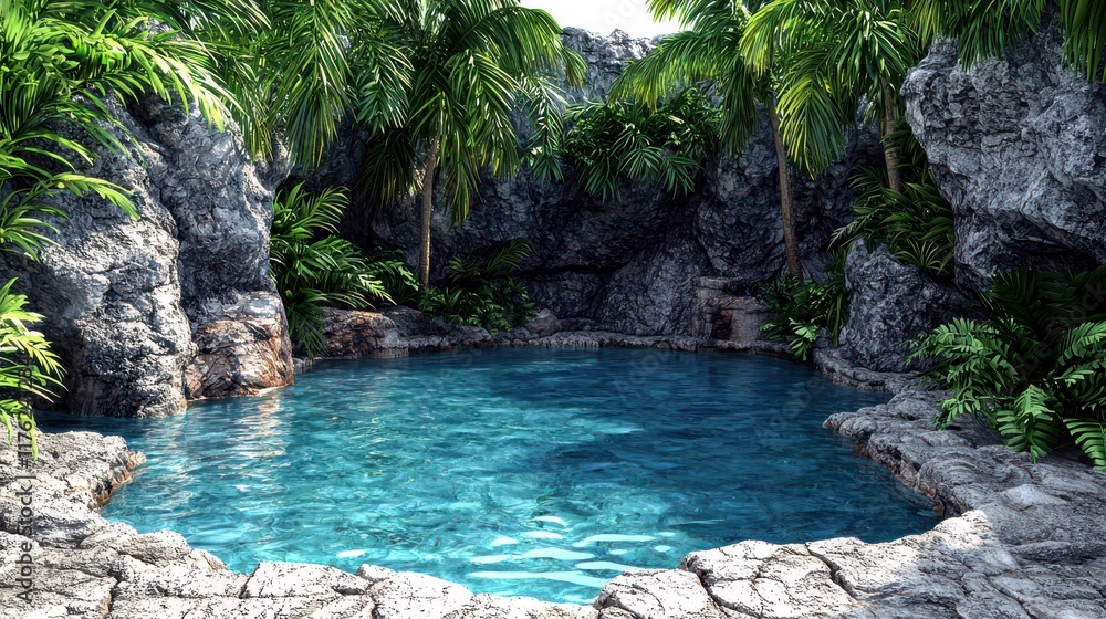 Serene Natural Swimming Pool Surrounded by Lush Tropical Greenery and Rock Formations Ideal for Relaxation and Scenic Retreat in a Tropical Paradise Serene Natural Swimming Pool Surrounded by Lush Tropical Greenery and Rock Formations Ideal for Relaxation and Scenic Retreat in a Tropical Paradise