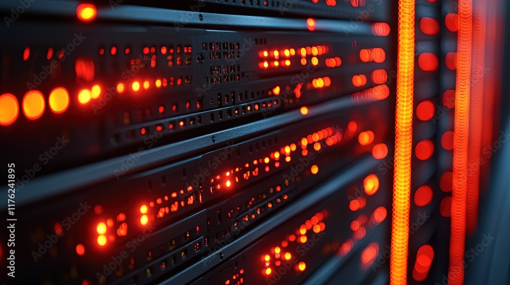 Fototapeta premium A close-up of illuminated server racks, showcasing data processing and storage technology.