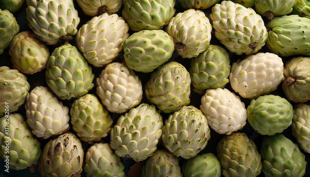 Flat Lay Top View of Bright Ripe Fragrant White Cherimoya Fruit as Background Flat Lay Top View of Bright Ripe Fragrant White Cherimoya Fruit as Background