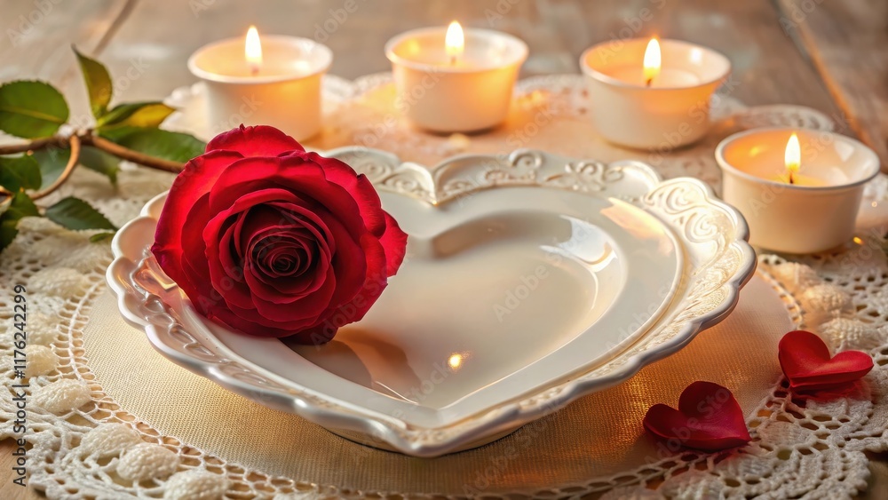 Delicate china plate with heart-shaped centerpiece and red rose, surrounded by candles and lace tablecloth, heart shaped centerpiece, valentines day decor Delicate china plate with heart-shaped centerpiece and red rose, surrounded by candles and lace tablecloth, heart shaped centerpiece, valentines day decor