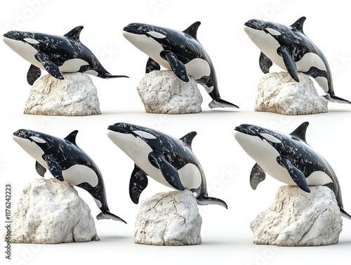 A collection of six stylized orca sculptures on rocky bases, showcasing artistic representation of marine life. photo