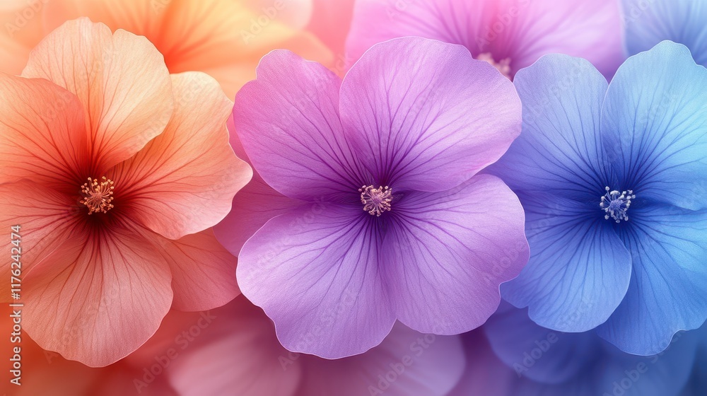 Close-up of three vibrant pastel flowers, orange, purple, blue. Close-up of three vibrant pastel flowers, orange, purple, blue.