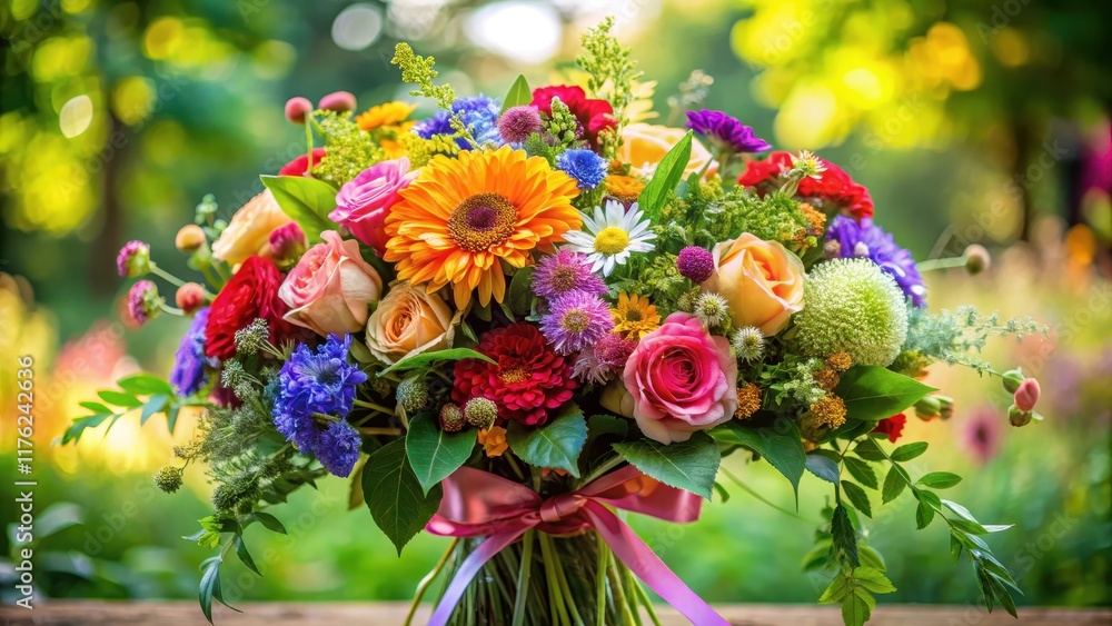 Vibrant mix of colorful flowers arranged in a beautiful bouquet with lush greenery and ribbons, garden, fresh, garden,fresh,nature Vibrant mix of colorful flowers arranged in a beautiful bouquet with lush greenery and ribbons, garden, fresh, garden,fresh,nature