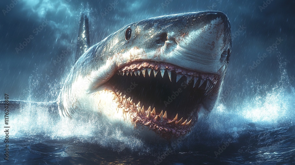 Obraz premium A dramatic depiction of a shark breaching the ocean surface, showcasing its menacing teeth and powerful presence.