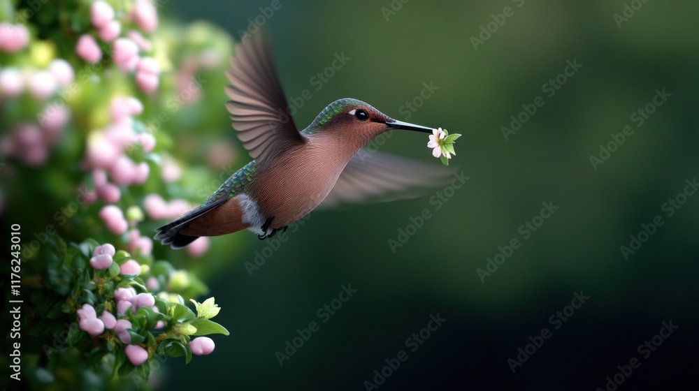 A hummingbird hovering near pink flowers, showcasing nature's beauty. A hummingbird hovering near pink flowers, showcasing nature's beauty.
