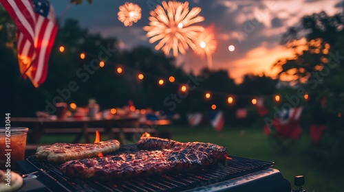 Grilling Ribs and Sausages at Sunset with Fireworks