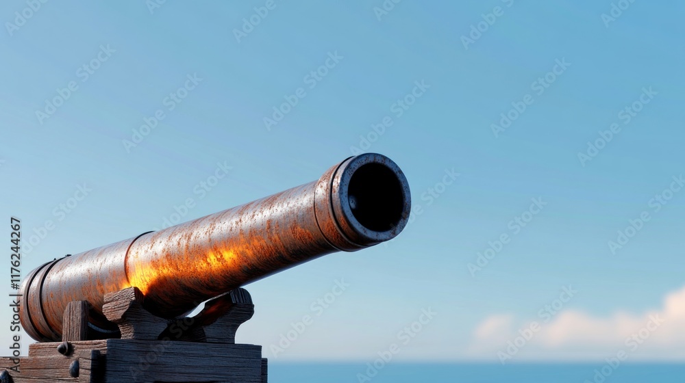 A cannon positioned against a clear blue sky, symbolizing history.