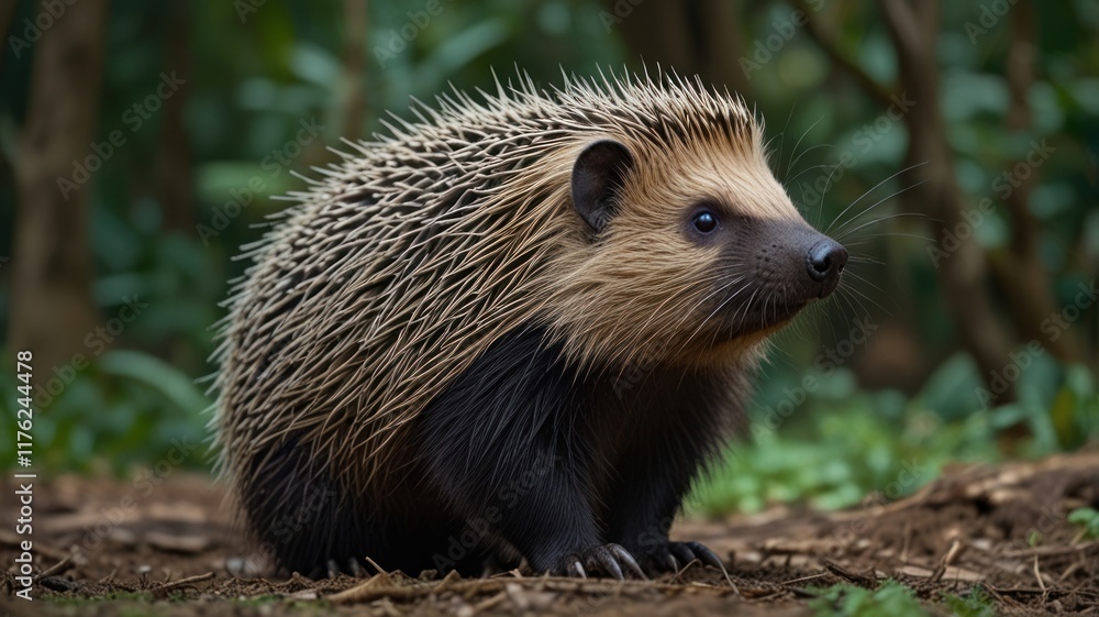 Cute hedgehog sitting in the forest, looking alert. Cute hedgehog sitting in the forest, looking alert.