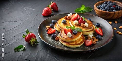 Wallpaper Mural Breakfast plate with uncooked cottage cheese pancakes on black background, topped with fresh fruit and nuts, dark background, cottage cheese Torontodigital.ca