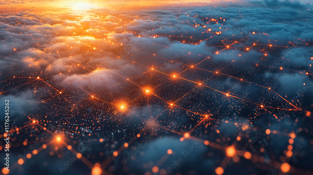 Fototapeta premium Futuristic glowing network connections above clouds with sunset horizon