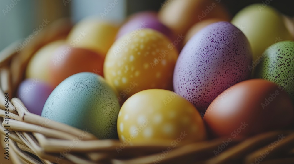 Close-Up of Colorful Easter Eggs in a Basket