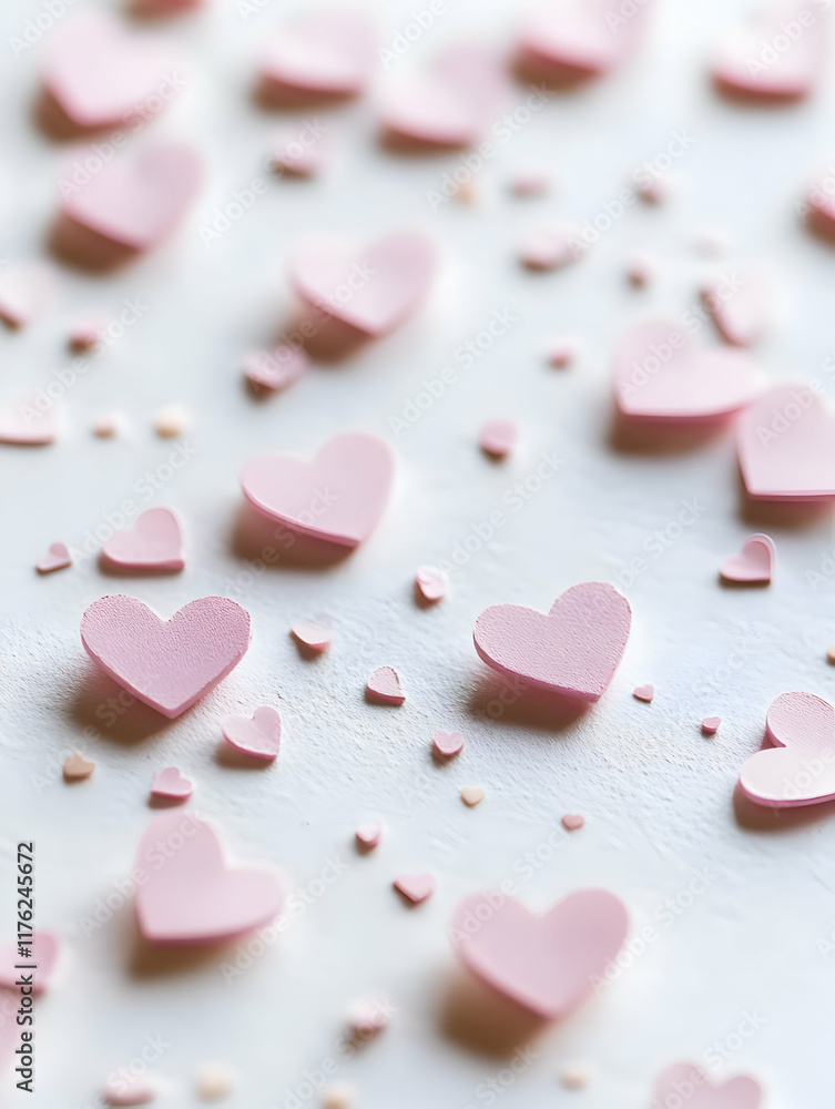 A scattering of pink heart shapes on a light background, ideal for romantic themes. A scattering of pink heart shapes on a light background, ideal for romantic themes.