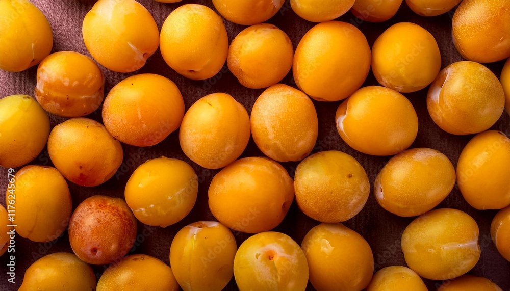 Flat Lay Top View of Bright Ripe Fragrant Yellow Plum Fruit as Background Flat Lay Top View of Bright Ripe Fragrant Yellow Plum Fruit as Background