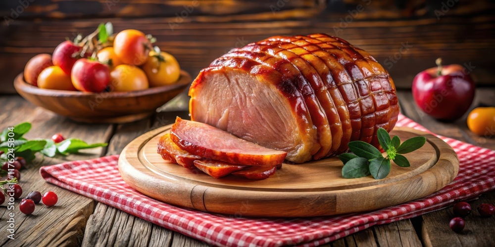 A glazed ham with a golden-brown glaze, sitting on a wooden platter with a rustic tablecloth and fresh fruit in the background , glazed ham, wood cutting board A glazed ham with a golden-brown glaze, sitting on a wooden platter with a rustic tablecloth and fresh fruit in the background , glazed ham, wood cutting board