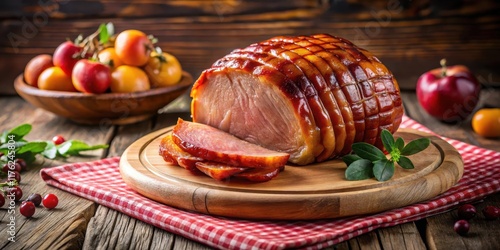 A glazed ham with a golden-brown glaze, sitting on a wooden platter with a rustic tablecloth and fresh fruit in the background , glazed ham, wood cutting board