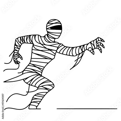 Black and white illustration of a mummy in motion with outstretched arm, single line vector outline drawing