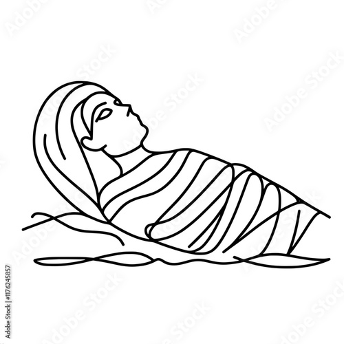 Minimalist drawing of a mummy in a tomb, wrapped, single line vector outline drawing