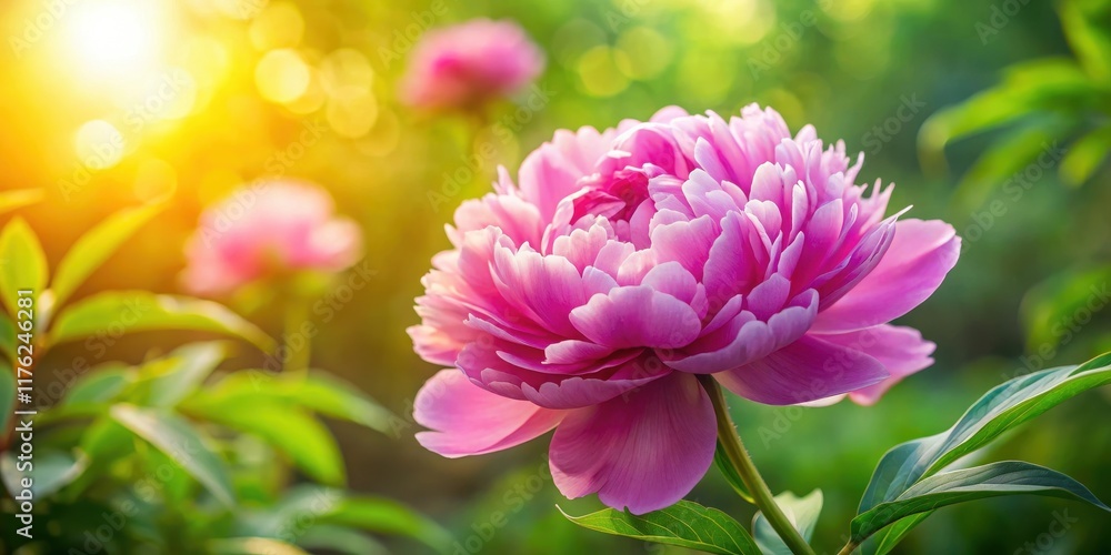 Fototapeta premium A lush peony flower in full bloom against a bright summer green garden backdrop with a soft warm light illuminating its delicate petals and subtle fuchsia hue , summer garden, blooming flowers