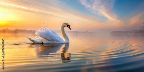 Fototapeta Naklejka Na Ścianę i Meble -  Art Swan floating on the water at sunrise with a gentle ripples and soft light, water surface, peaceful,  water surface