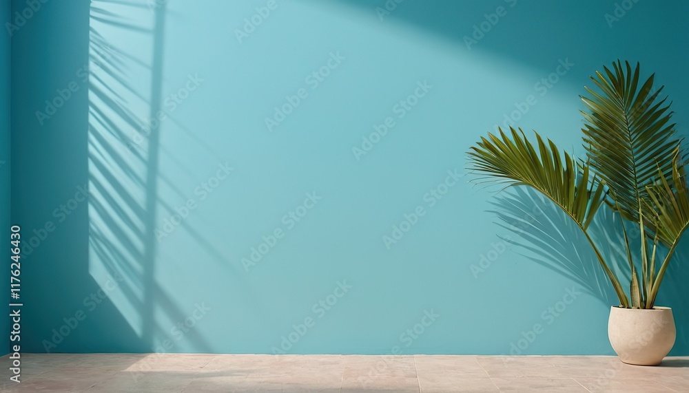 Blurred shadow from palm leaves on the light blue wall Minimal abstract background 16 Blurred shadow from palm leaves on the light blue wall Minimal abstract background 16