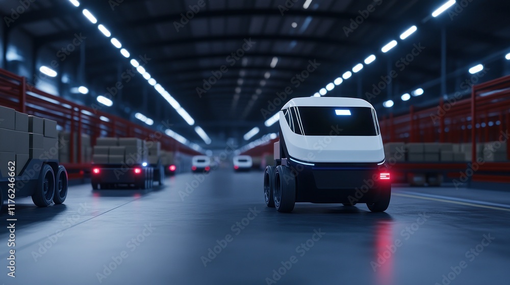Automated delivery vehicles in a warehouse setting. Automated delivery vehicles in a warehouse setting.