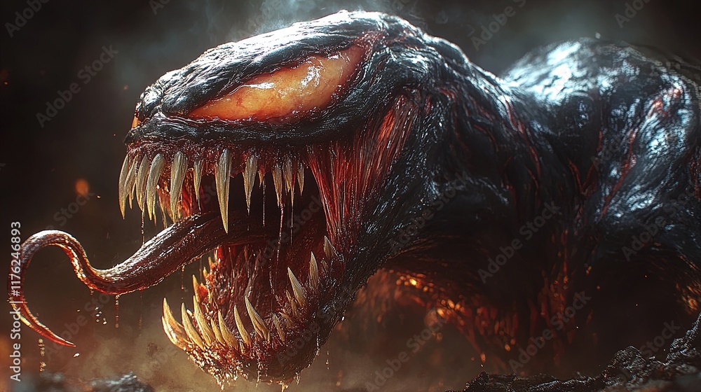 A menacing creature with sharp teeth and a fierce expression, emerging from a dark, smoky background. A menacing creature with sharp teeth and a fierce expression, emerging from a dark, smoky background.
