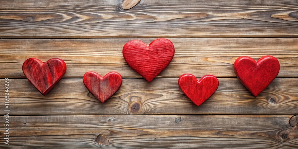 Red heart icons set on wooden background for Valentine's Day decoration, with subtle texture and natural wood grain, decorative props, love Red heart icons set on wooden background for Valentine's Day decoration, with subtle texture and natural wood grain, decorative props, love